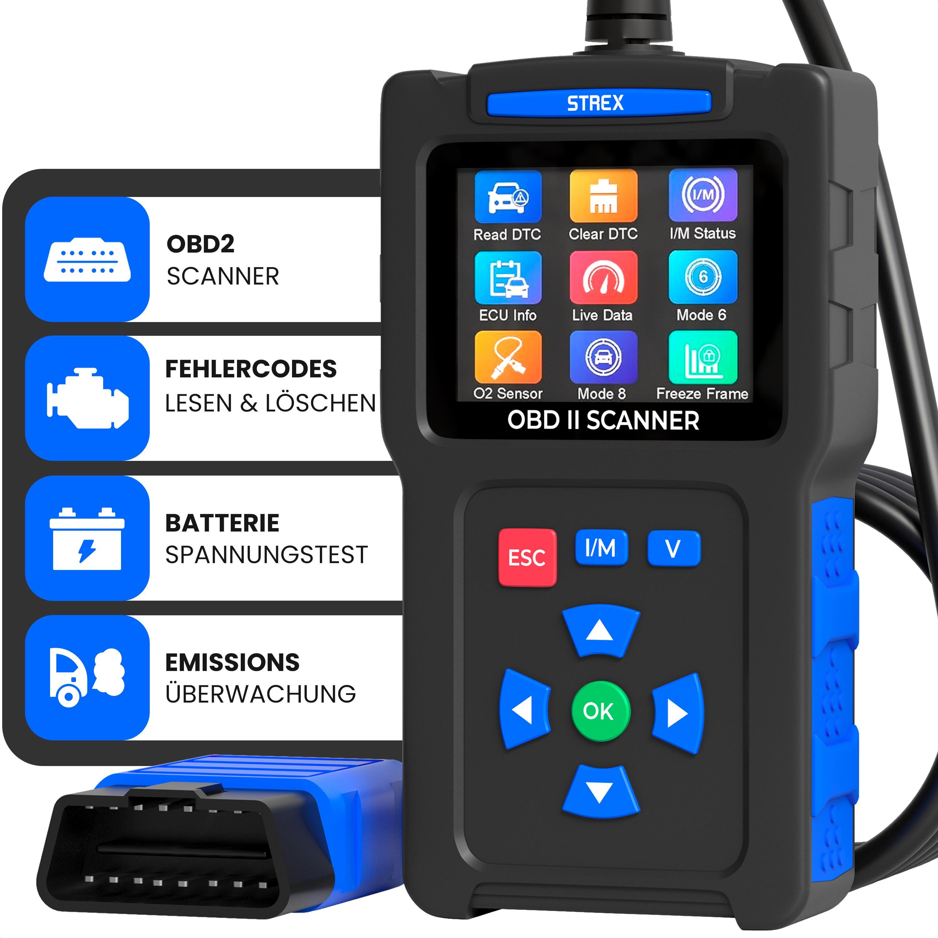 Strex OBD2 Diagnosegerät - OBDII/EOBD Diagnose - Auslesegerät Auto - Fehlerbehebung - DE Sprache - Diagnosegerät für Autos - Motor Fehlercodeleser SP325