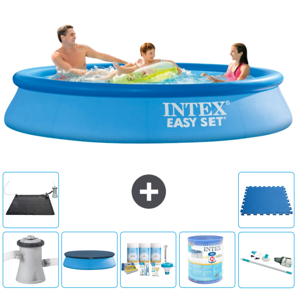 Okrúhly nafukovací bazén Intex Easy Set - 305 x 61 cm - modrý - vrátane krytu čerpadla - balík na údržbu - filter - vysávač - solárna podložka - dlažba