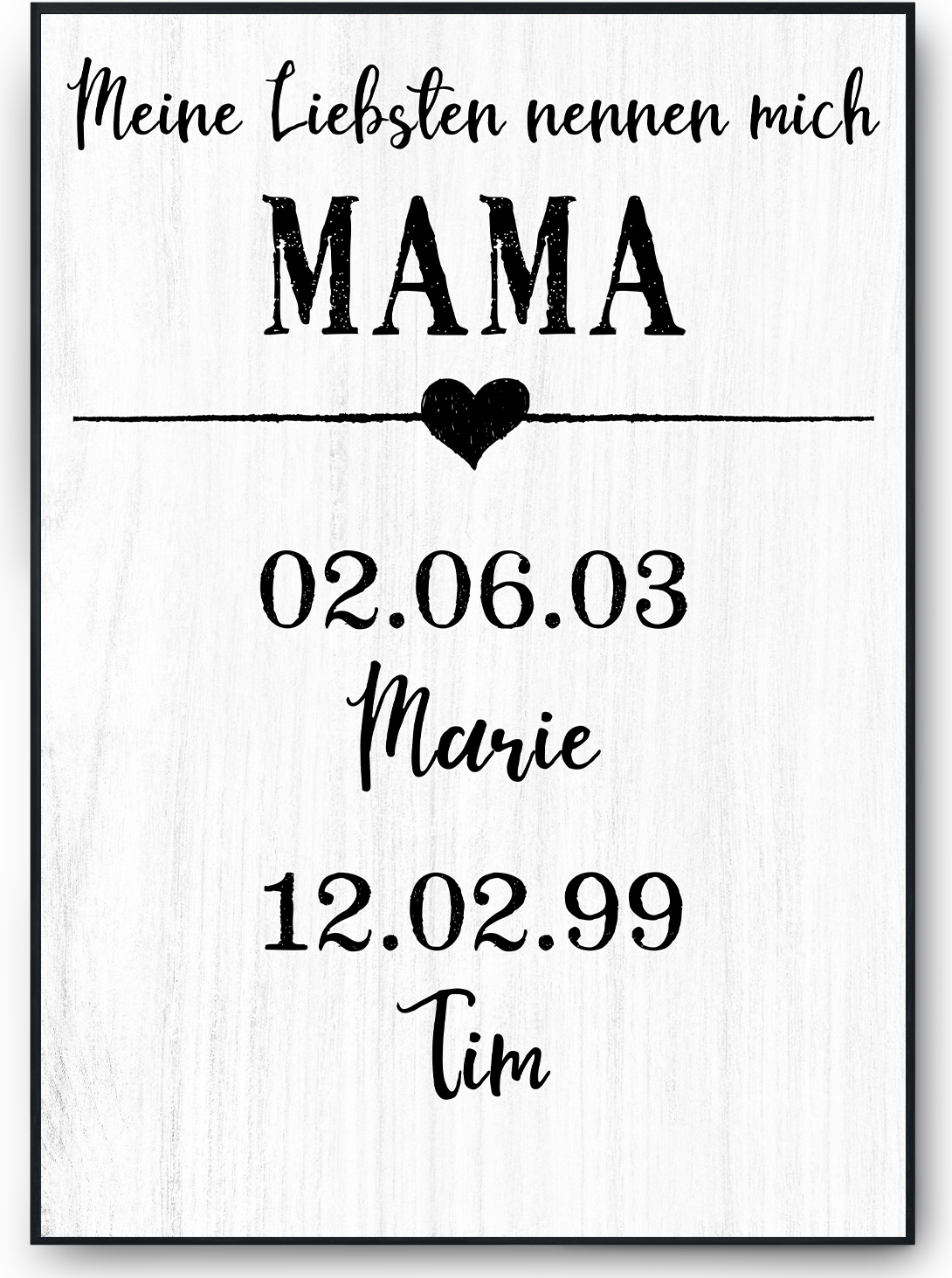 Tigerlino® Personalisiertes Mama Poster mit Namen und Geburtsdaten Geschenk für Mama und Oma Muttertag Geschenkidee Mama Geburtstag – DIN A4 + Rahmen schwarz / 2 Namen