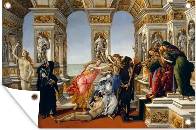 MuchoWow® 90x60 cm Outdoor-Poster Gartendeko Sichtschutz Garten Poster für den Garten Die Verleumdung des Apelles - Gemälde von Sandro Botticelli 133|158019536