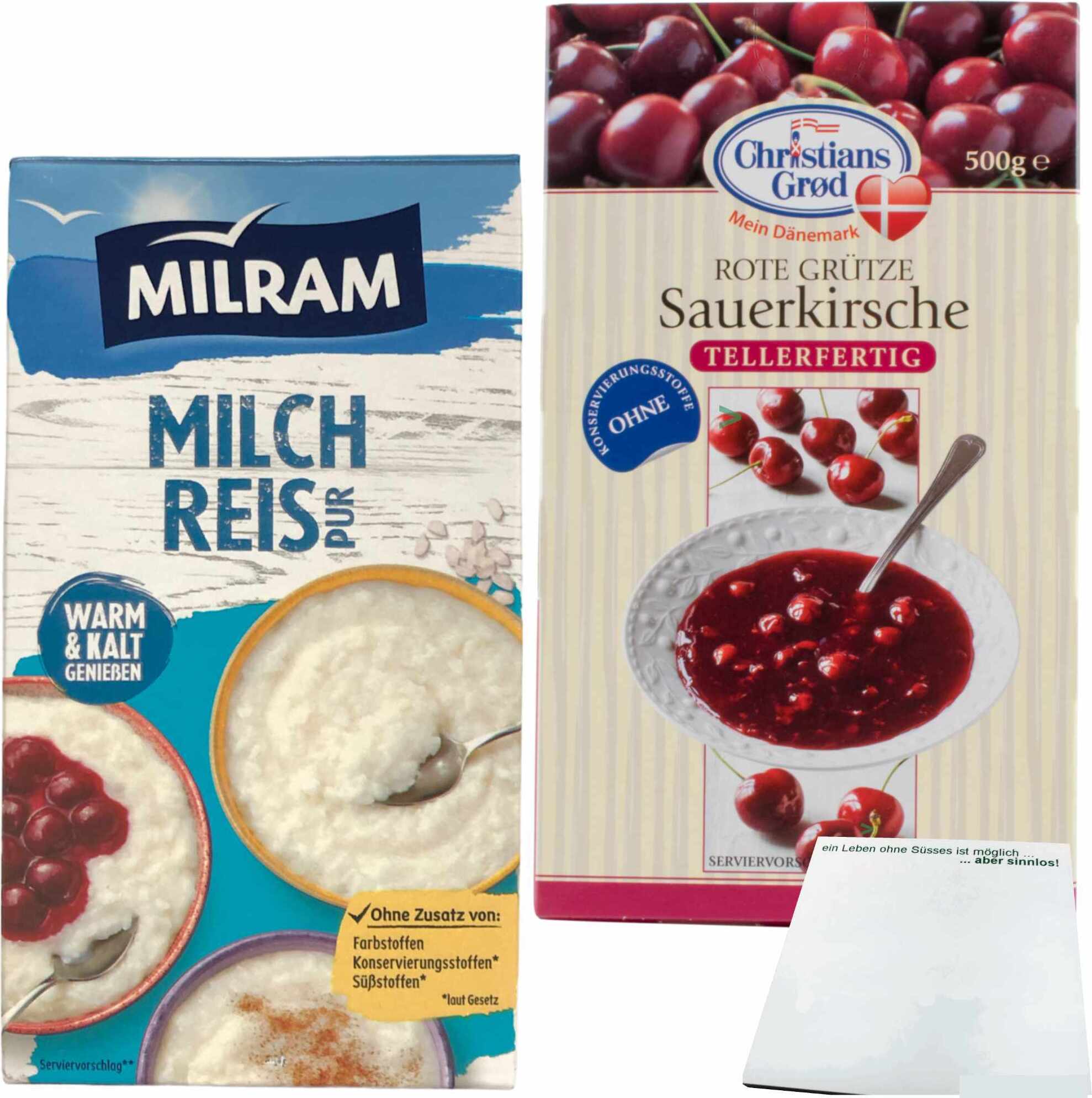 Milram Milchreis pur (1kg Packung) & Chr.Grod Grütze Sauerkirsche (500g Packung) + usy Block