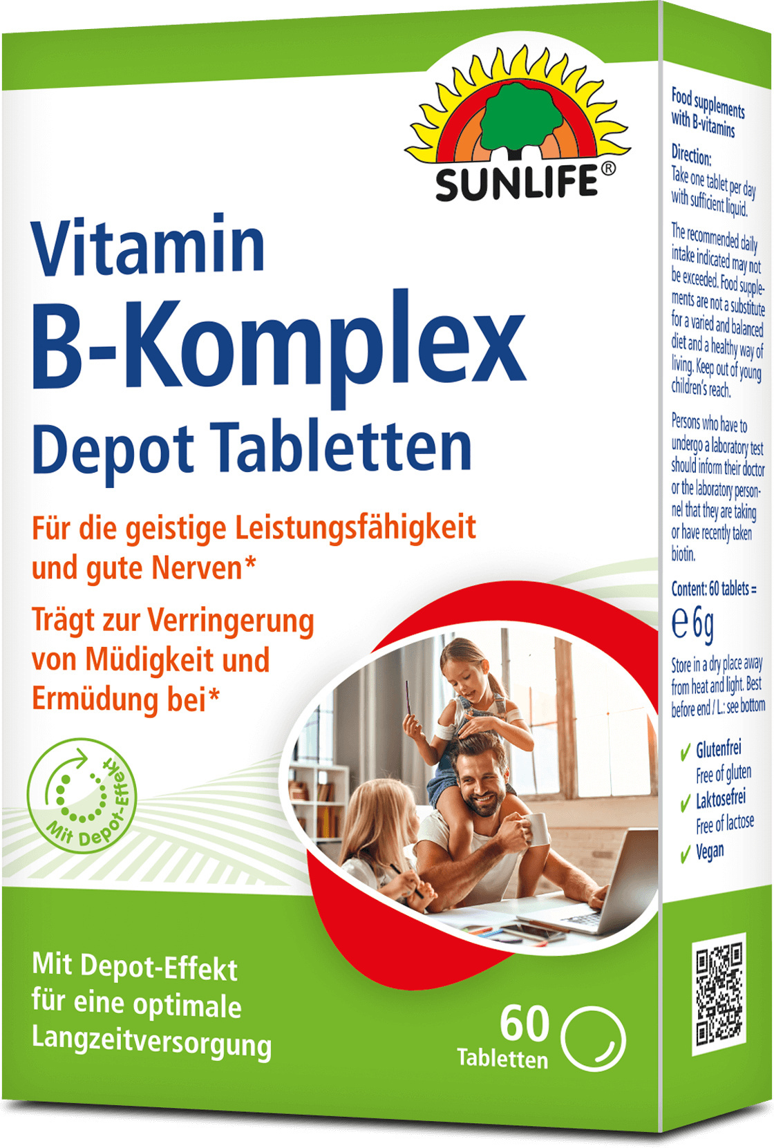 SUNLIFE® Vitamin B-Komplex Depot Tabletten 60 Stk Energiestoffwechsel Langzeitversorgung Energie Nervensystem + Aminosäuren & Vitamin B1 B2 B6 166111