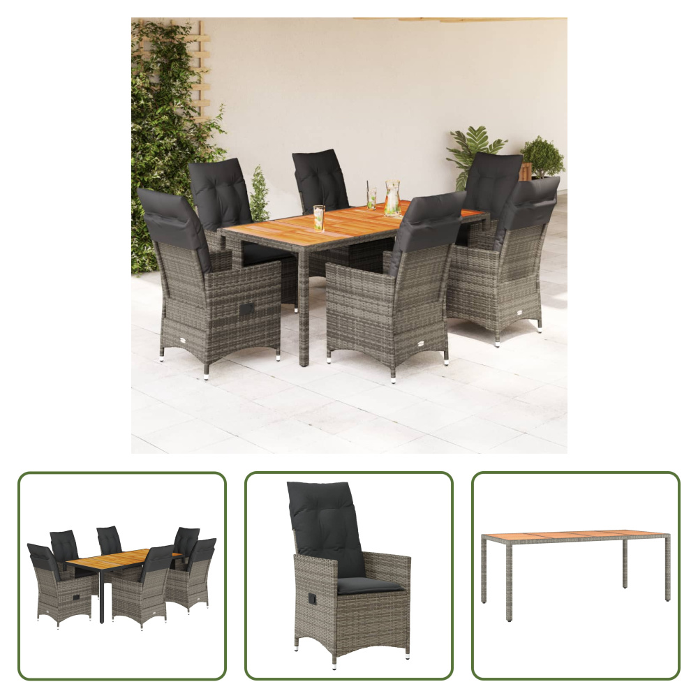 The Living Store 7-dielny záhradný jedálenský set s vankúšmi sivý polyratan