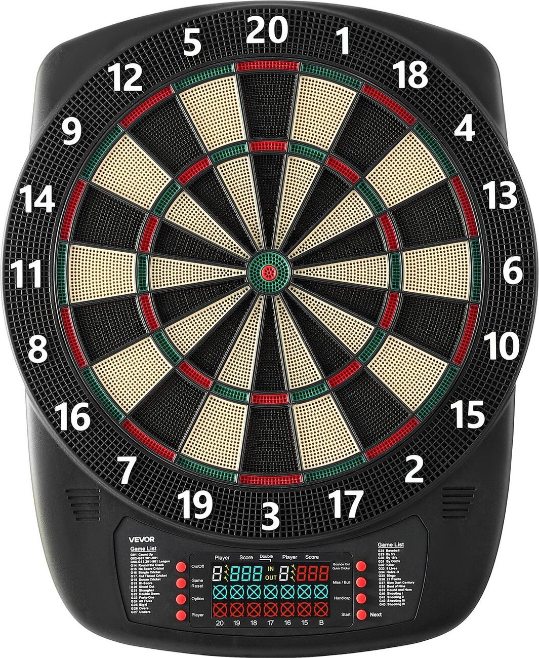 VEVOR Elektronische Dartscheibe, 336 mm Zielscheibe mit 43 Spielen und über 200 Varianten für bis zu 8 Spieler, 6 Dartpfeile mit Flügeln und 50 Softspitzen, Farb-LCD-Bildschirm zur Punkteanzeige für Heimspielzimmer