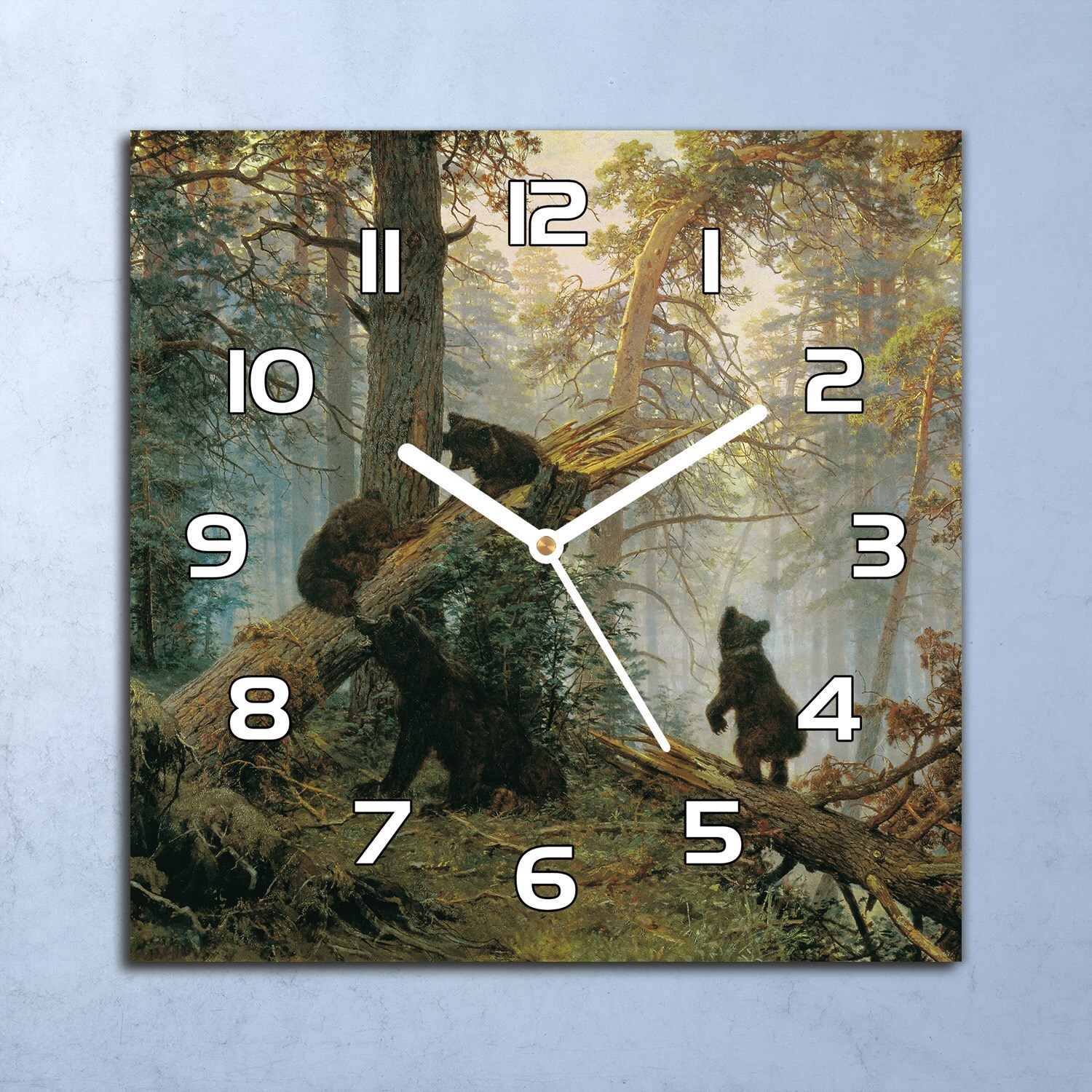 coloray Deko Glasuhr Wanduhr 30x30 Bären in Kiefernwald Quarz Küchenuhr Bürouhr zsk-white-30x30-aurora-36