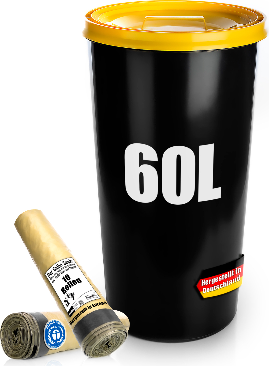 Thats Shopping GmbH BigDean Gelber Sack Mülleimer 60L + 10 Rollen Gelber Sack – luftdichte gelbe Sack Tonne Germany 1770183