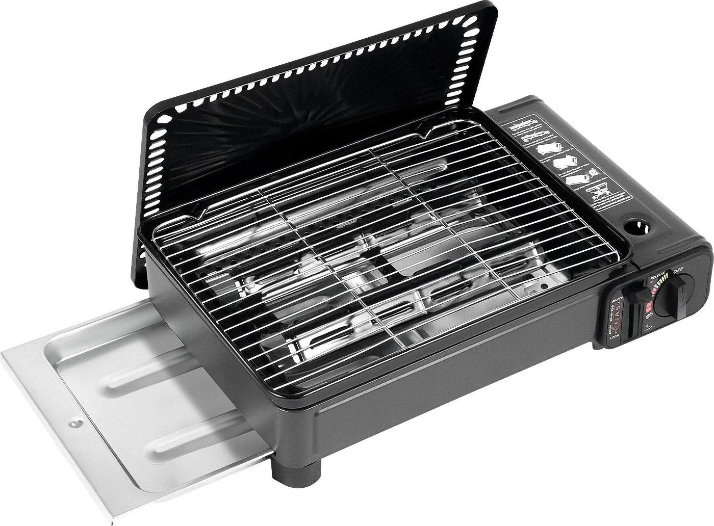 Kempingový gril, prenosný dizajn, kompatibilný s butánovým plynom, čierny