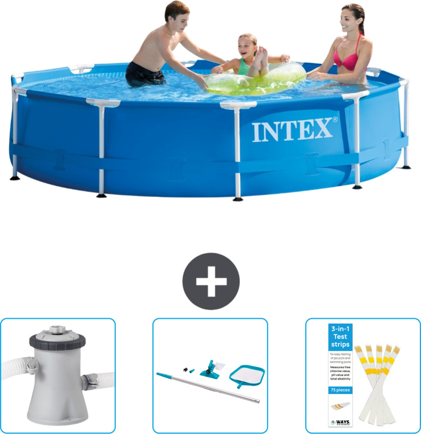 Bazén Intex s okrúhlym rámom - 305 x 76 cm - modrý - obsahuje filtračné čerpadlo pre bazén - čistiacu súpravu - testovacie prúžky