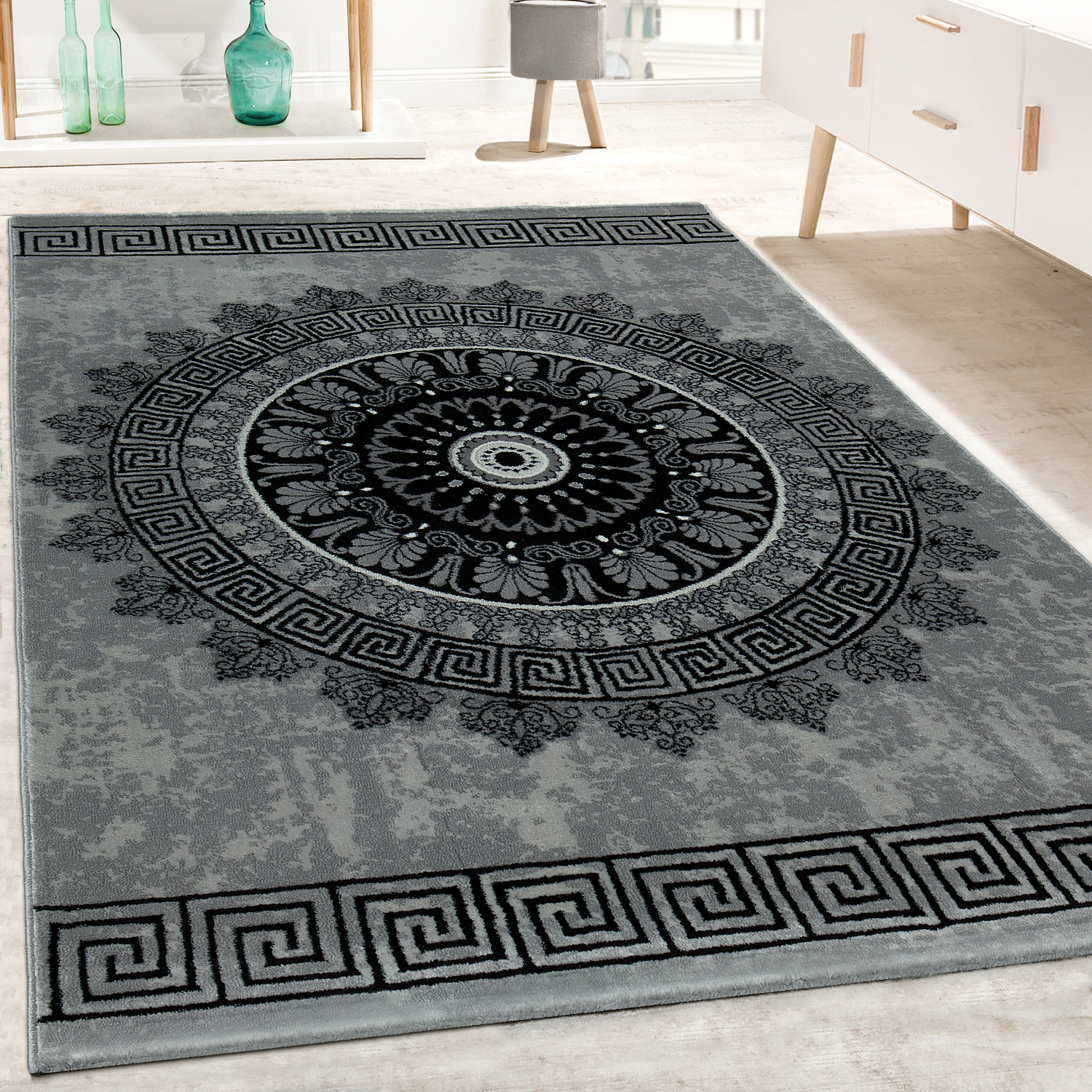 Moderner Wohnzimmer Teppich Matrix Design Kurzflor Meliert Lila Schwarz Creme 