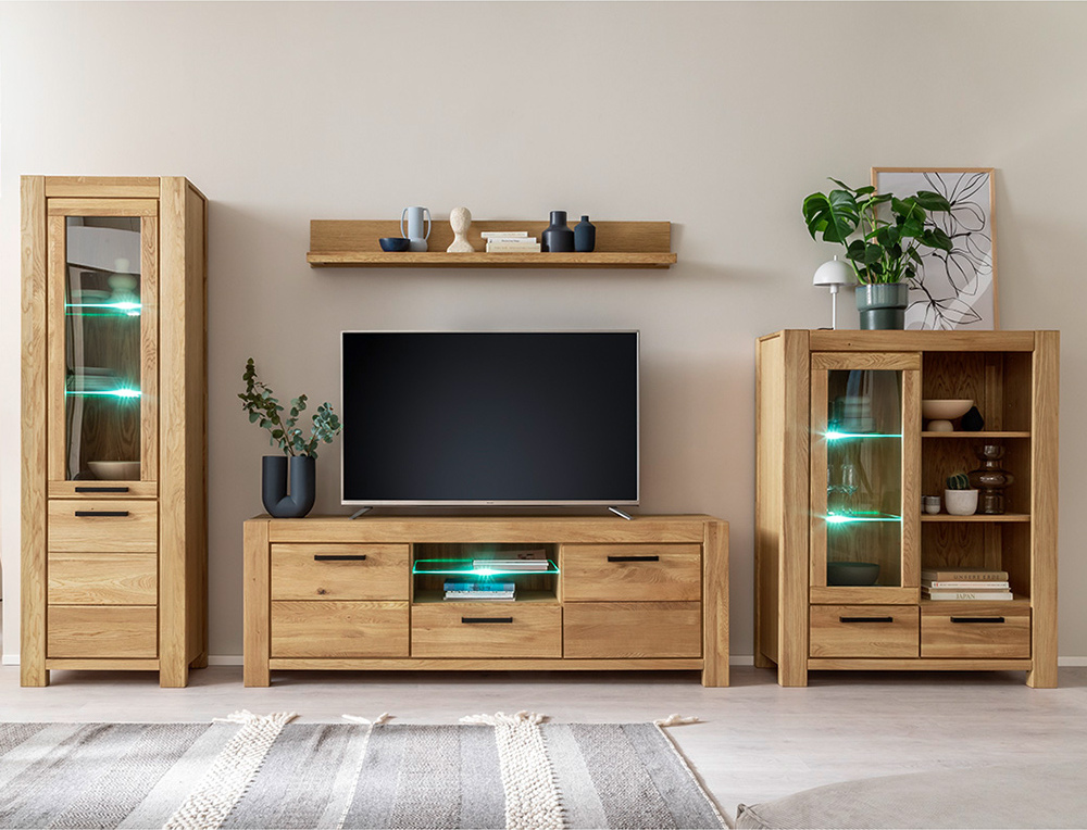 Lomadox Wohnwand braun SELISTE-06 Wildeiche teilmassiv geölt 4-teilig mit Beleuchtung LA06-SELISTE-06-SET12