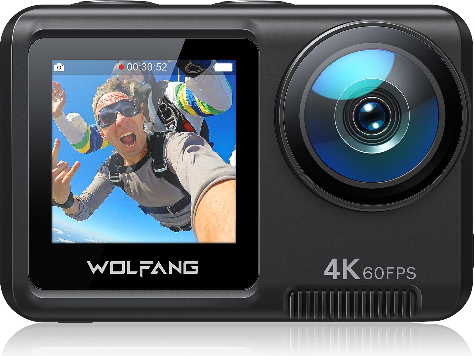 WOLFANG GA420 Action Cam 4K 60FPS - Dual Screen WiFi Unterwasserkamera Blankes Metall Wasserdicht 3.0 EIS Helmkamera (Externem Mikrofon, 2x1350mAh)