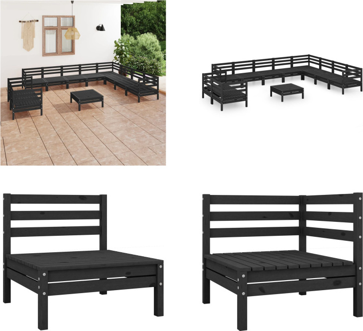 vidaXL 11-dielna záhradná obývacia súprava z masívneho dreva borovice čierna - záhradná obývacia súprava - vonkajšia obývacia súprava - drevená pohovka - drevená záhradná pohovka