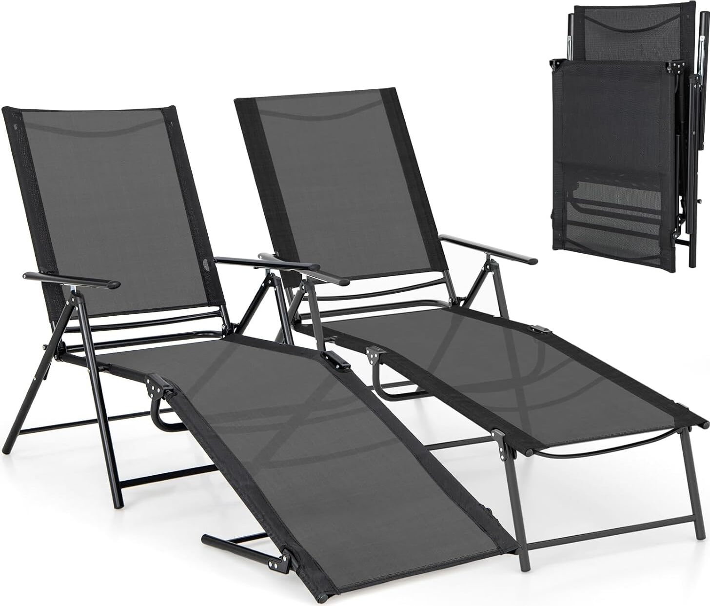 KOMFOTTEU sada 2 lehátok, skladacie lehátko s nastaviteľným operadlom, plážové lehátko na záhradu, pláž, bazén (čierne)