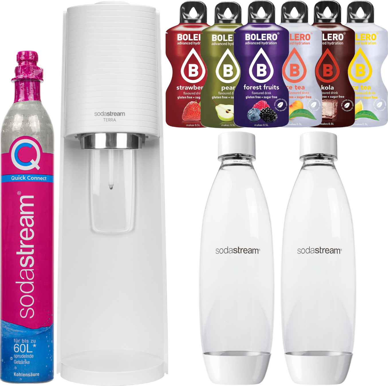 Výrobník perlivej vody Sodastream Terra White Set s 2 fľašami a sirupmi