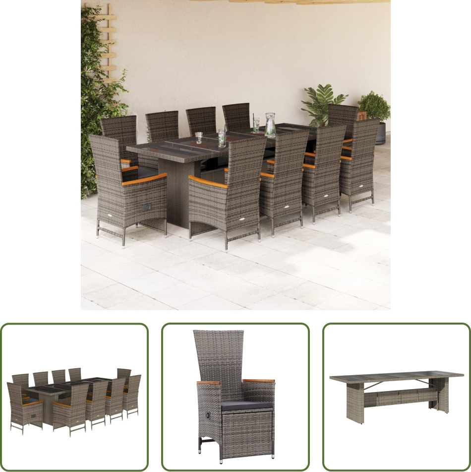 The Living Store 11-dielny záhradný jedálenský set s vankúšmi sivý polyratan