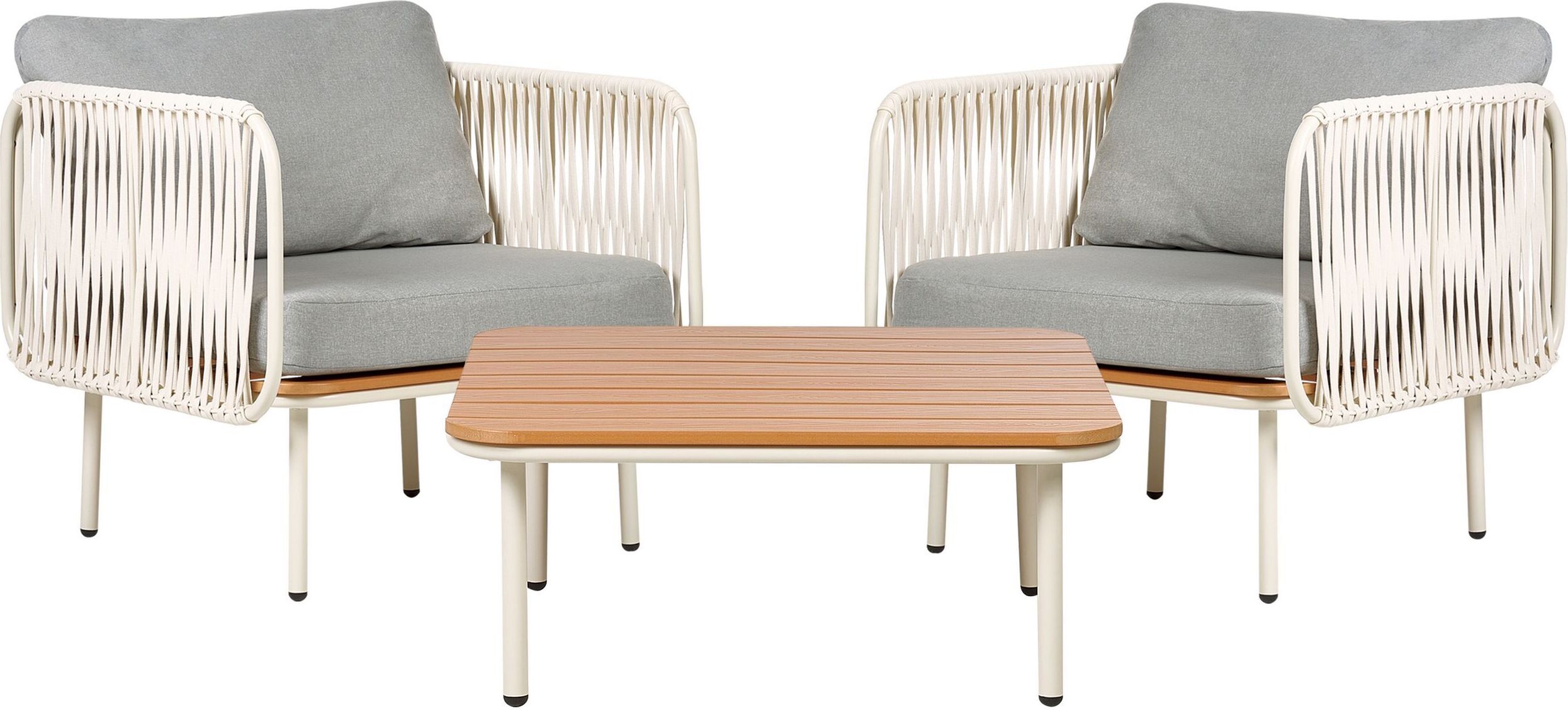 BELIANI Sada 2 záhradných kresiel so stolíkom biely hliníkový rám sivé vankúše biele bočné opierky vonkajší nábytok