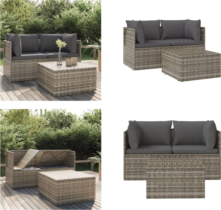 vidaXL 3 tlg. Garten Lounge Set mit Kissen Grau Poly Rattan - Garten-Lounge-Set - Garten-Lounge-Sets - Outdoor-Lounge-Set - Terrassen-Lounge-Set