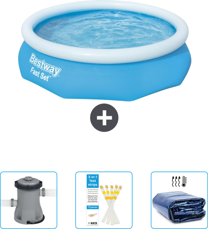 Bestway okrúhly nafukovací bazén Fast-Set - 305 x 76 cm - modrý - obsahuje pumpu - testovacie prúžky - slnečnú plachtu