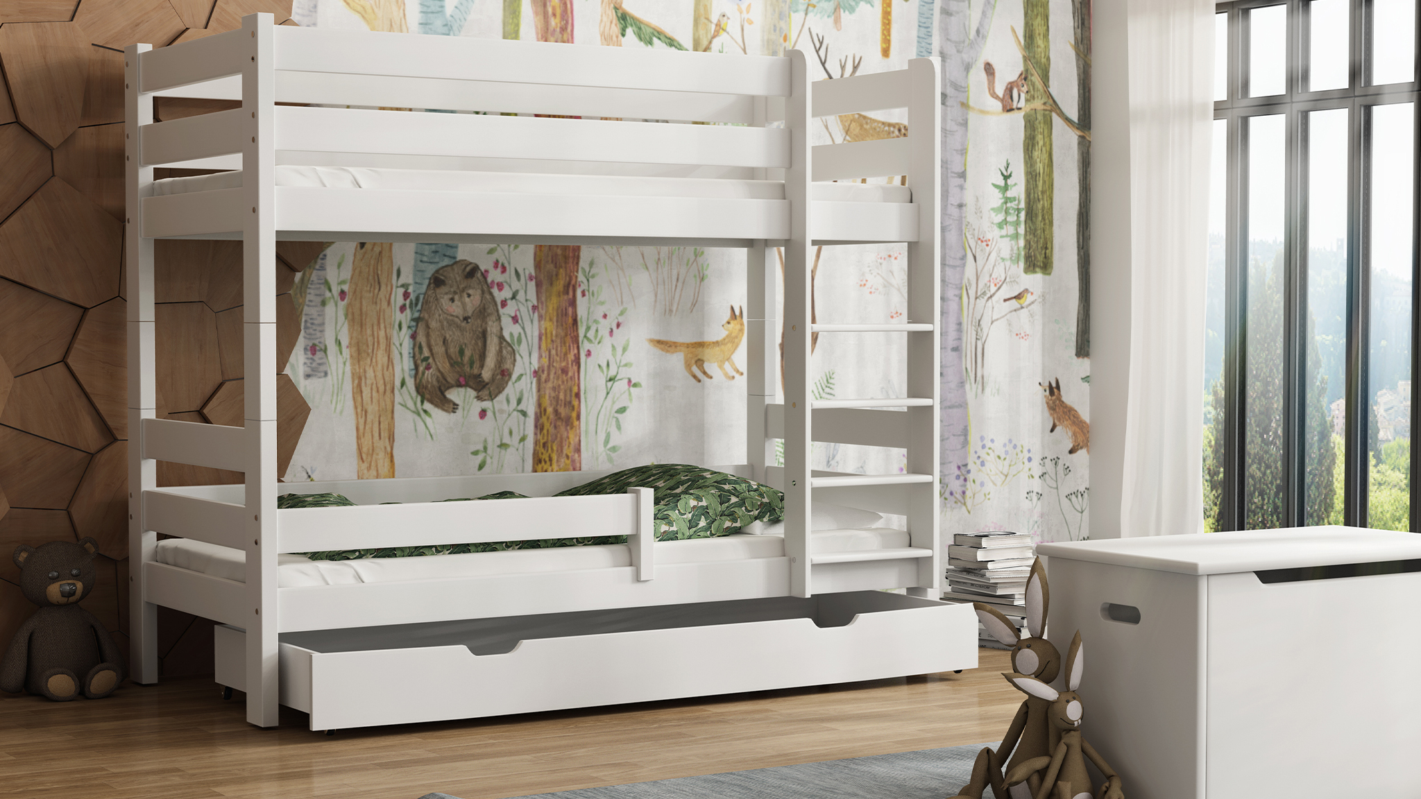 Etagenbett mit Leiter, Kiefernholzbett Gagatek, 80 x 160 cm, Höhe 160 cm, Meble Wróbel, Weiß