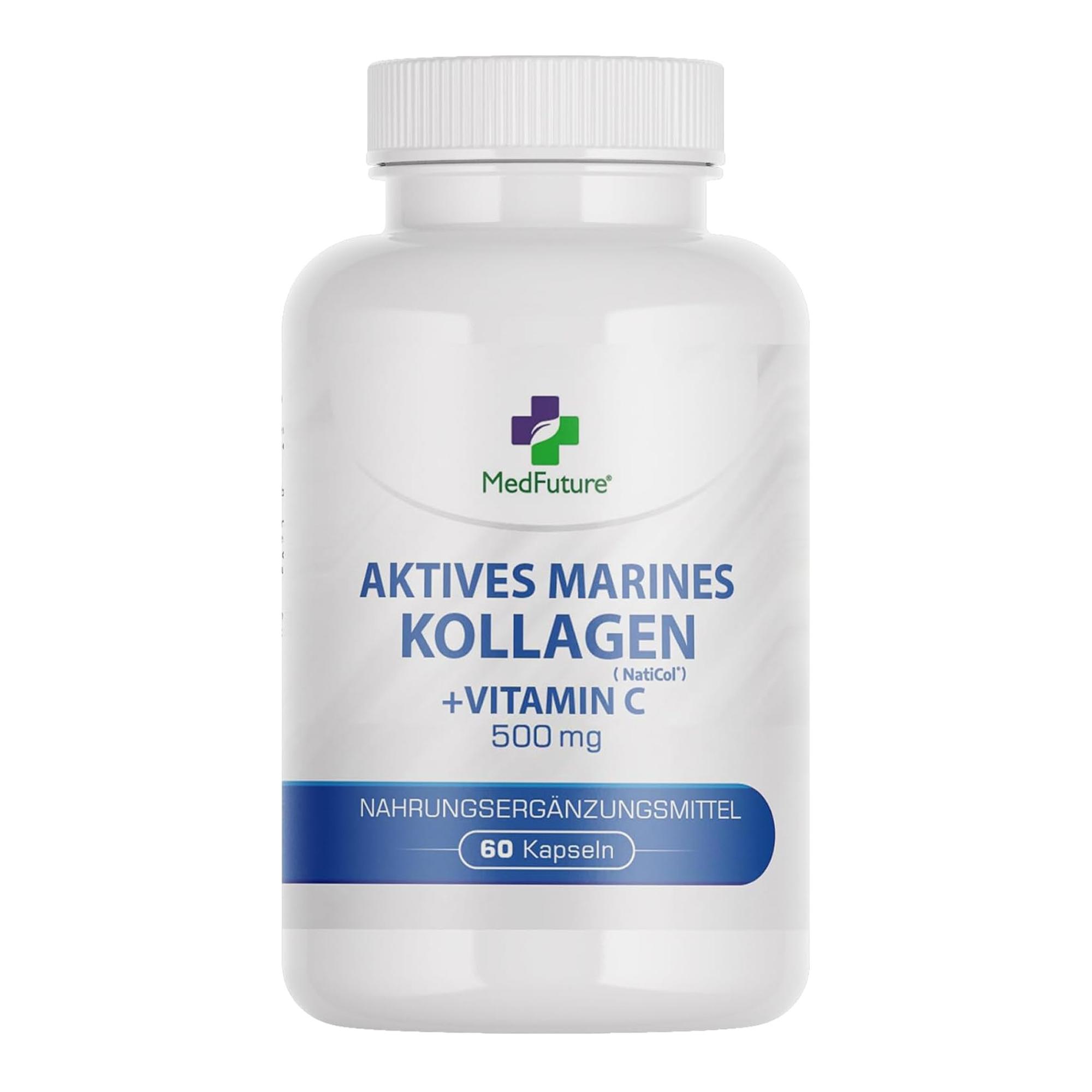 MedFuture Kollagen Kapseln Hochdosiert – 500 mg Fischkollagen + 20 mg Vitamin C – 60 Kapseln – Ohne Zusatzstoffe – Kollagen Komplex