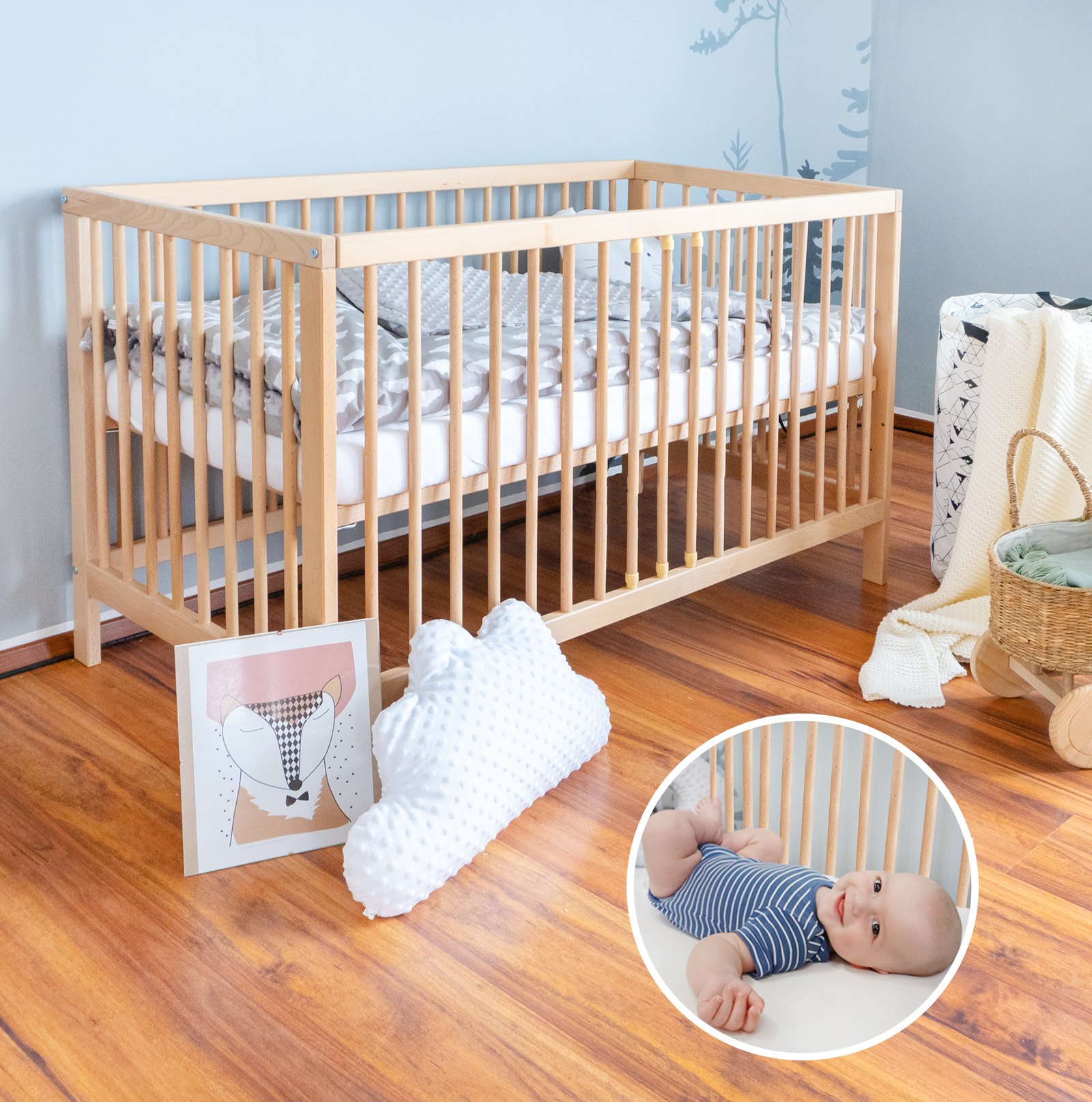 Babybett Kinderbett 120x60 Holz Gitterbett mit Matratze GRATIS sonoma ekmTRADE 