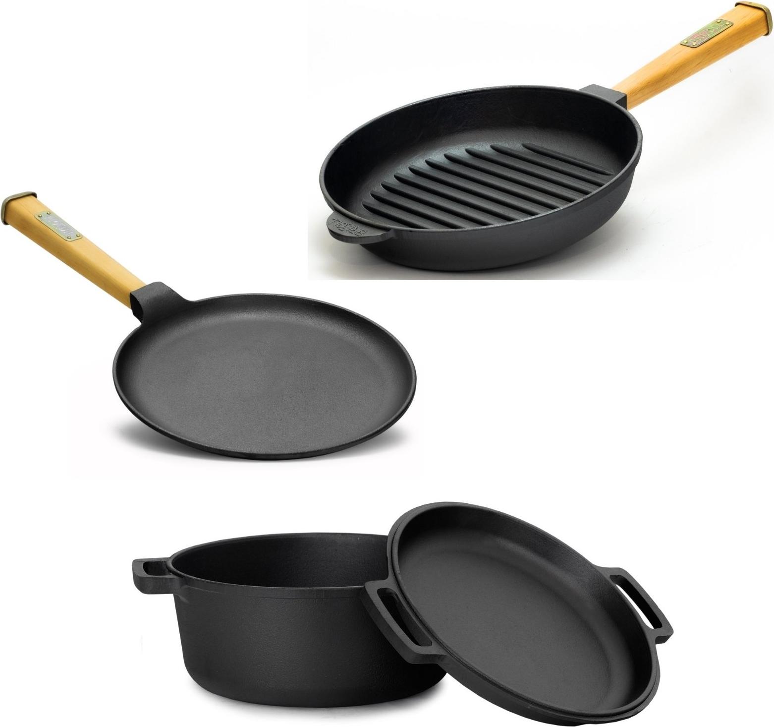 BIG-PAN Ø24 cm Pfannkuchenpfanne Ø24 cm Brotbackform Ø28 cm Grillpfanne Gusseisen Holzgriff Induktion Kochtopf mit Deckel-Bratpfanne Steakpfanne Crêpes - Bratpfanne Omlettpfanne Blinipfanne BZ - P-4L-2+O2850G-P+ O2415-P