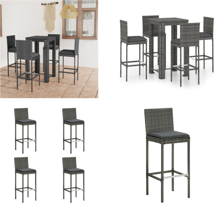 vidaXL 5-dielny záhradný barový set s vankúšmi polyratan sivý - Barový set - Barové sety - Barový stôl a barové stoličky - Barový stôl