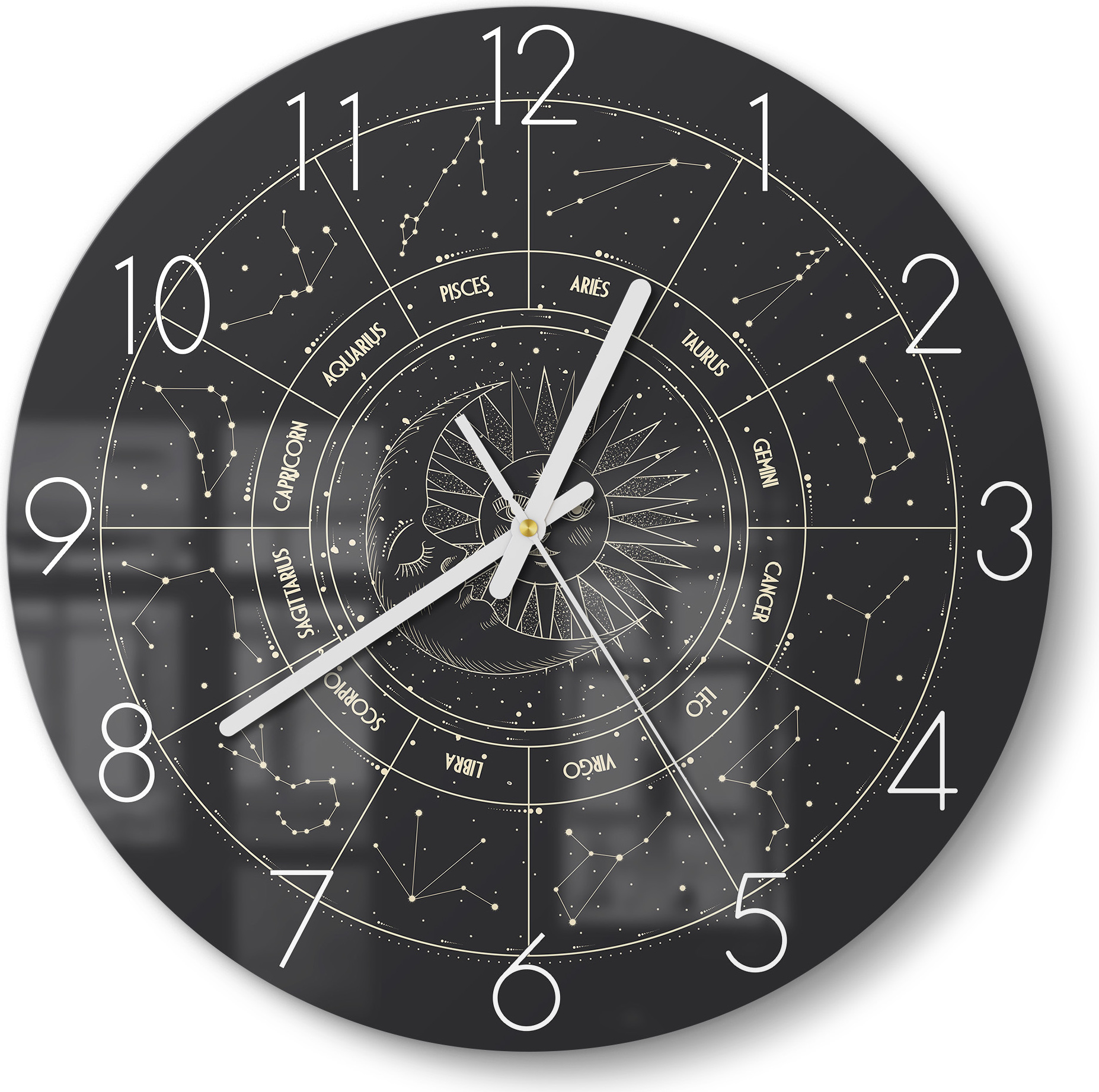 DEQORI DEQOART Glasuhr Ø30 cm Zahlen 'Sternenzyklus' Wanduhr Glas Uhr Design leise Küchenuhr WC-D30-N-3496