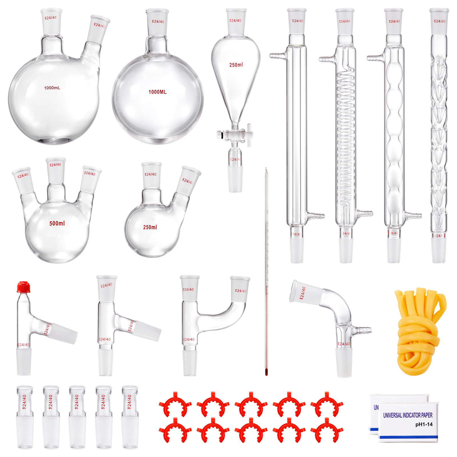 VEVOR Labor-Destillationsset, 3,3-Boro-Laborglas-Destillationsset mit 24- und 40-Verbindungen, 1000-ml-Destillationsgeräte-Set für ätherische Öle, 32-teiliges Set mit Glaswaren YHEO-7