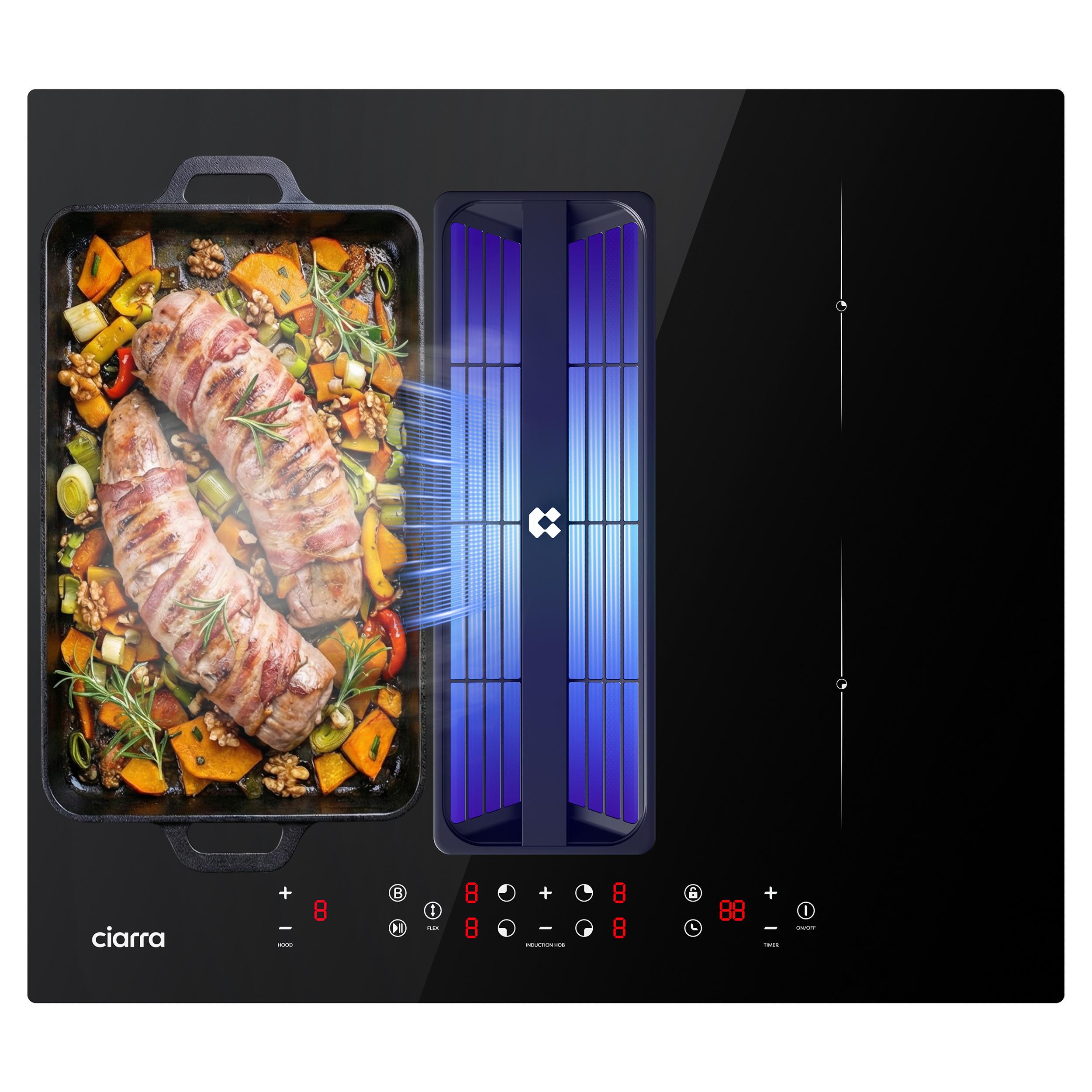 Indukčná varná doska CIARRA s integrovaným odsávacím systémom, šírka 60 cm. Indukčná varná doska s 4 varnými zónami, funkciou CombiZone, 2 boosterami a 1 flexzónou. Model: CBBEH594BBF