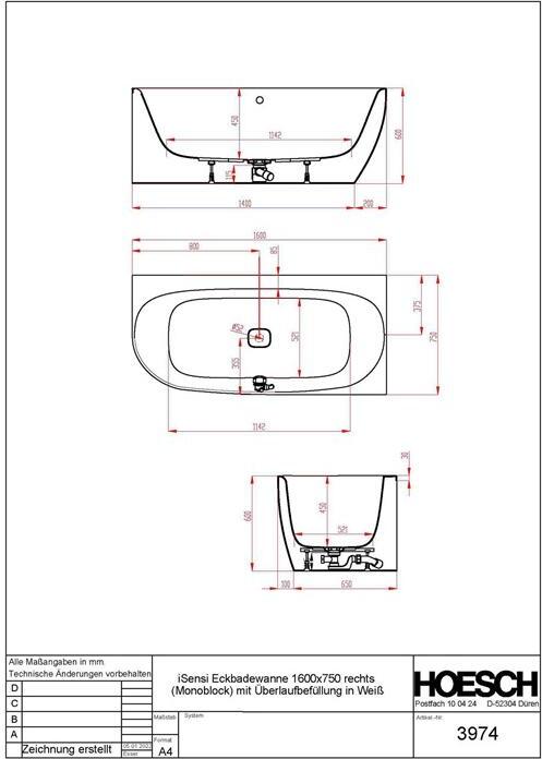 Hoesch Eck-Badewanne iSensi 1600 x 750 x 450 mm, rechts mit berlaufbefllung wei wei 3974.010