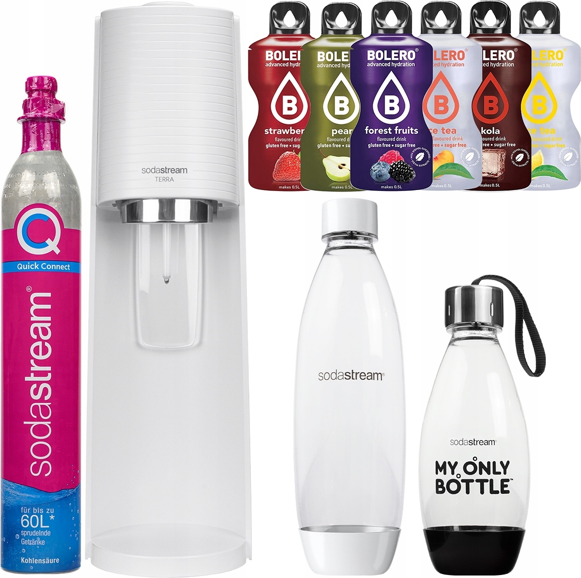 Výrobník perlivej vody Sodastream Terra White Sada 2 fliaš so sirupom