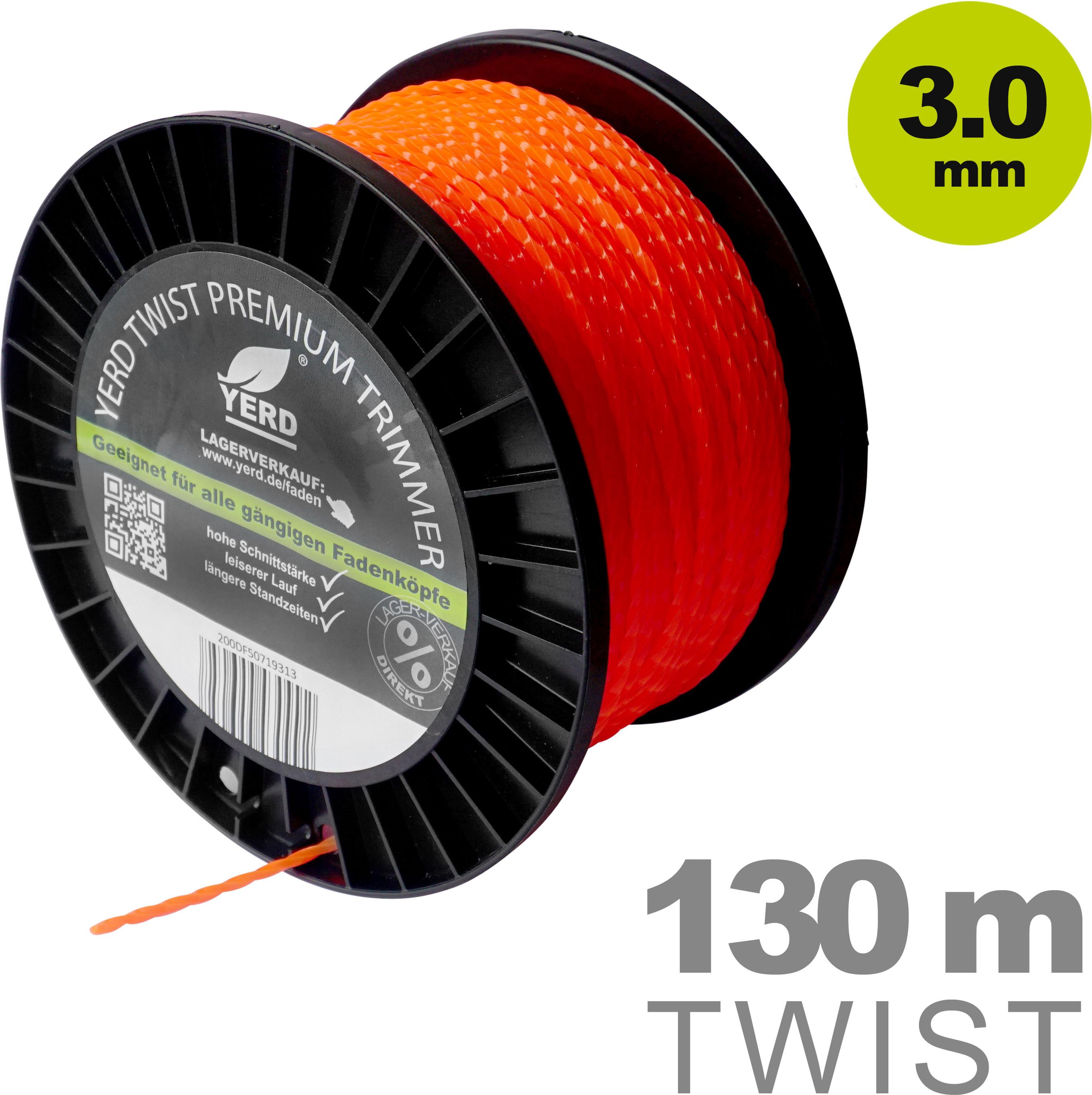 YERD Twist Mähfaden 3mm - 130m gedrehter 4-kant Trimmerfaden Freischneiderfaden