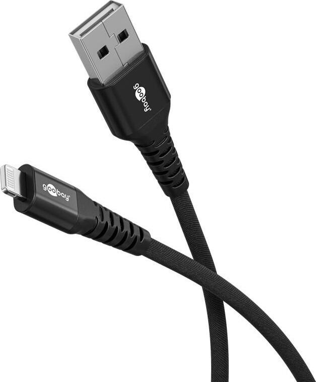 Goobay 74503 Textilný kábel Lightning na USB-A Supersoft s kovovými zástrčkami, 1 m, 1 m, čierny - elegantný a mimoriadne odolný nabíjací a synchronizačný kábel s certifikátom MFi pre Ap