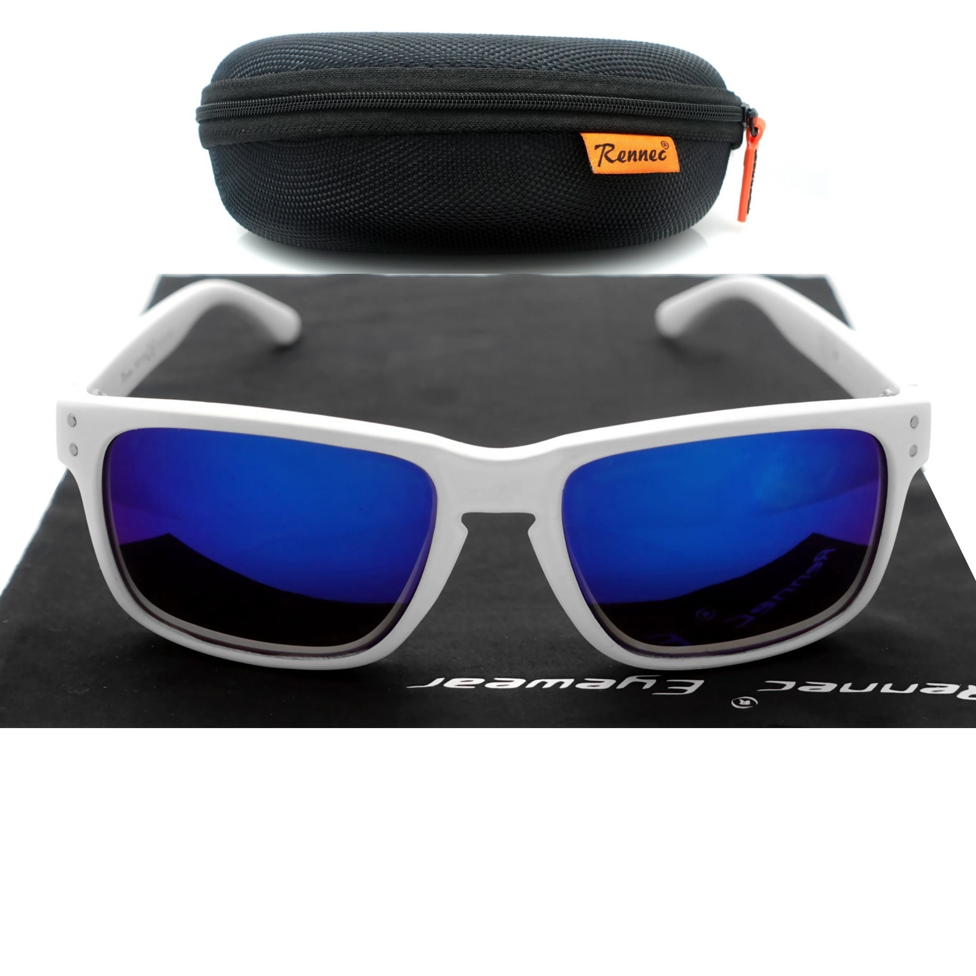Rechteckige Nerd Sonnenbrille Weiß Matt Herren Damen Verspiegelt Blau Markenbrille mit Rennec Brillenbox 14W-Weiß-D-Blau-BOX -1