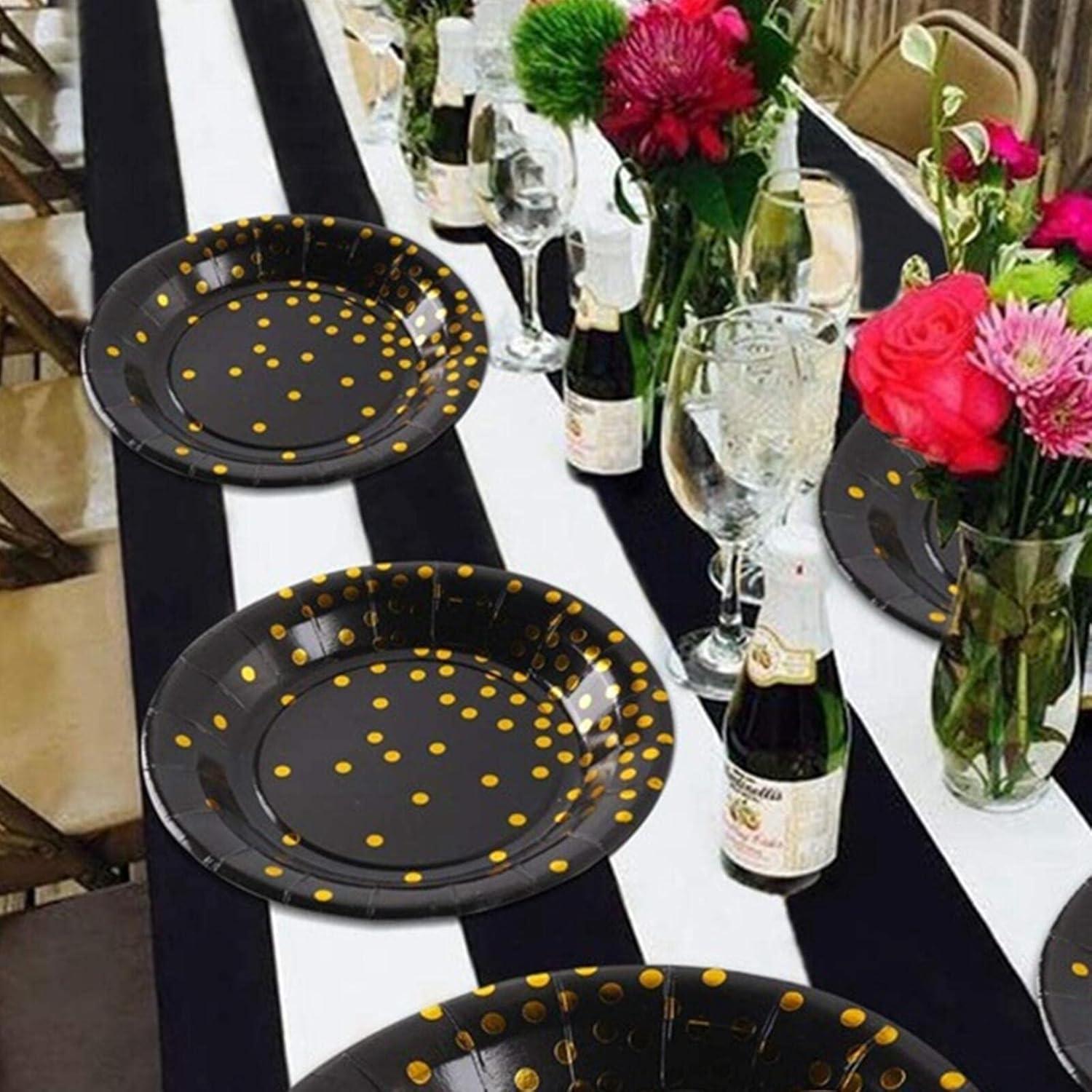 Markenlos Runde Einweg-Partygeschirr schwarz-gold mit goldenen Punkten - 100 Stück