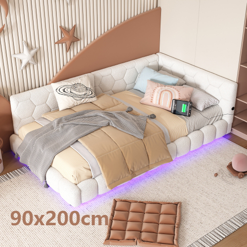AIORBER Schlafsofa, 90x200cm, Bett mit Lattenrost(ohne Matratze),16 Farben Umgebungslicht, USB-Anschluss,Typ-C, für kleine Wohnungen&Gästezimmer, Weiß