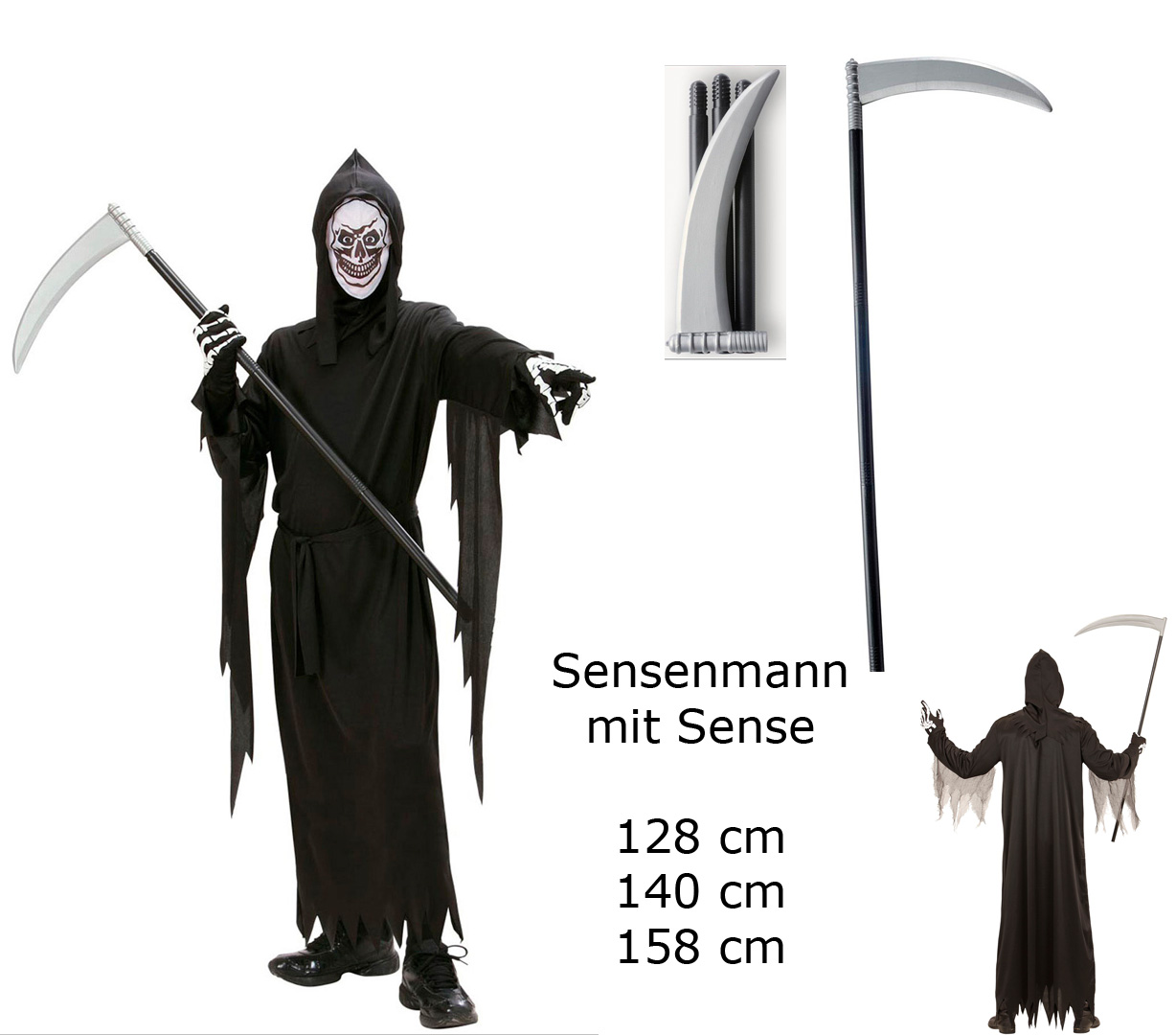 Kinder Kostüm SENSENMANN Tod mit SENSE Gr 128 Reaper Halloween #5506 