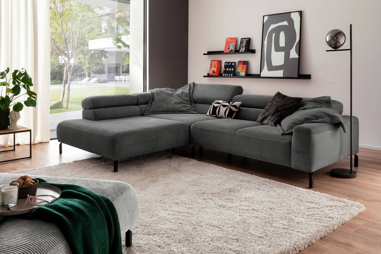 KAWOLA Sofa DELIA Ecksofa Cord grau mit motorischem Sitzvorzug Recamiere links