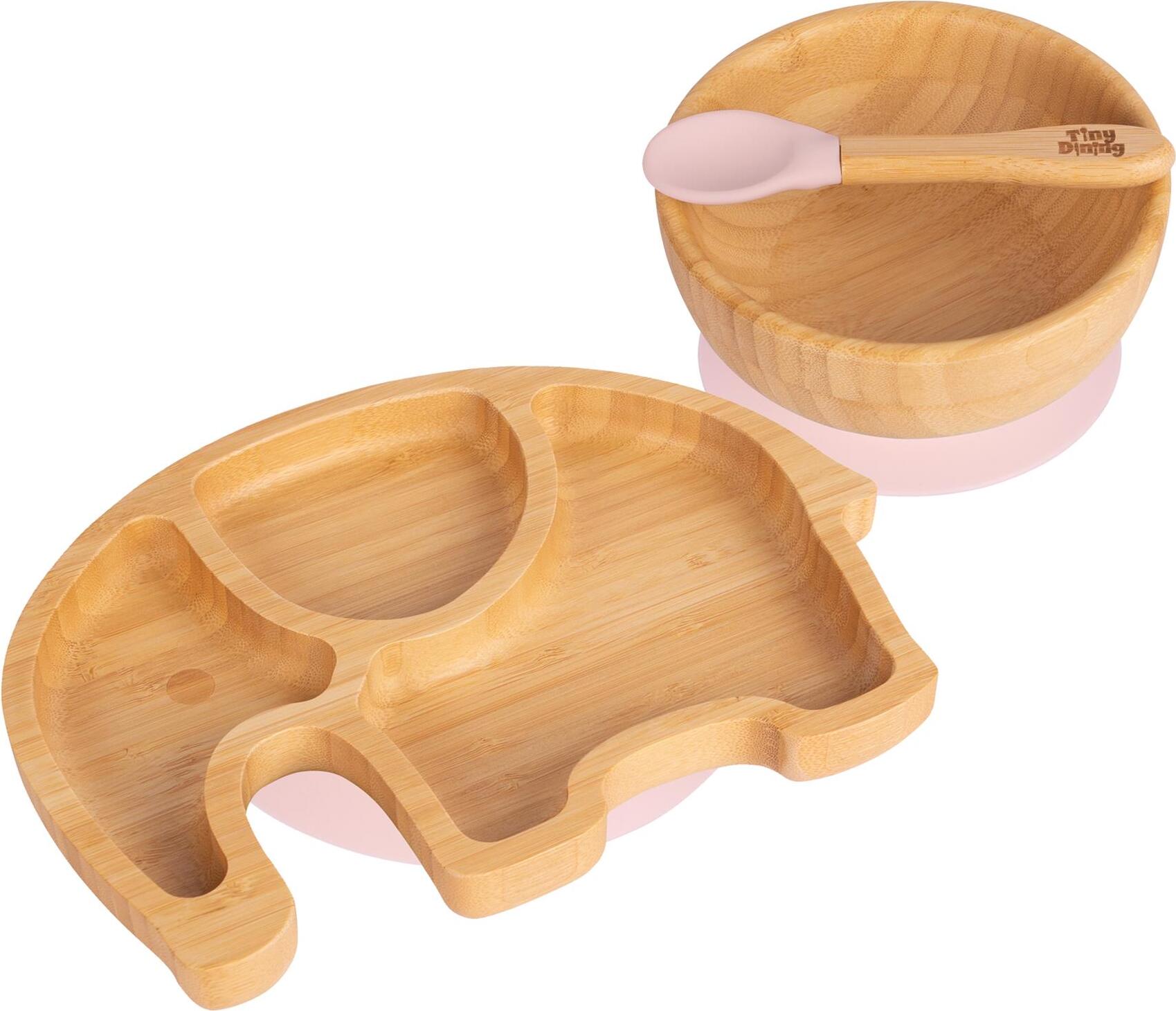 3pc Pastellrosa Kinder Bambus Elefant Teller, Schüssel & Löffel-Set mit Silikon-Saugnapf - Segmentiertes Design Baby & Kleinkind Entwöhnung Geschirr - Umweltfreundlich & Biologisch Abbaubar - Von Tiny Dining TD-EL-SET-PPI