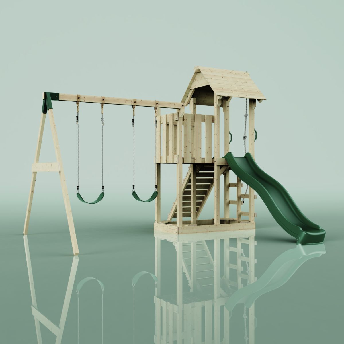 OutdoorToys Spielturm mit Wellenrutsche und 2x Kinder-Schaukel, Outdoor Klettergerüst Garten mit Plattform, Ausführung: Kinderschaukel, Farbe: Smaragdgrün Kinderschaukel O4.5.00284.0