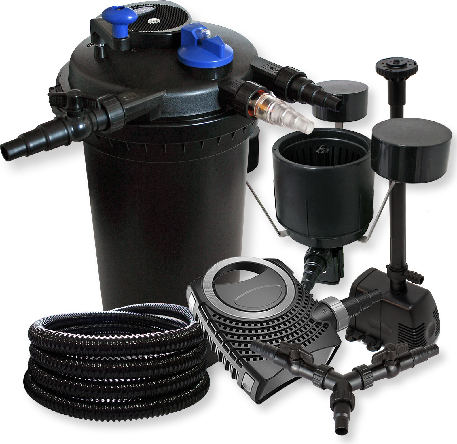 SunSun Tlakový rybníkový filter Set 30000l 18W UVC NEO8000 70W čerpadlo 25m hadica Skimmer Fontána