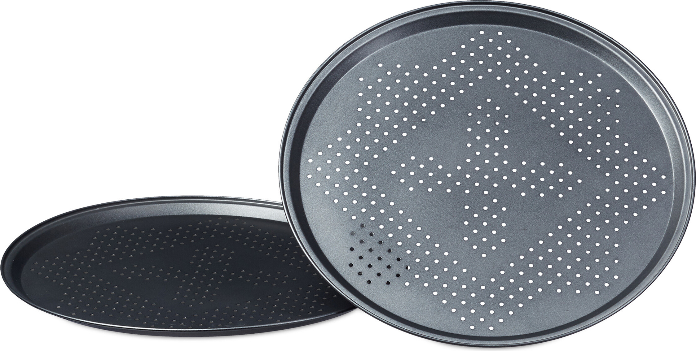 Bakken- Swiss Teglia per pizza antiaderente con fori – 30,5 cm perforata per pizza in acciaio al carbonio – 2 vassoi rotondi per pizza con manici in silicone senza PFOA e PTFE