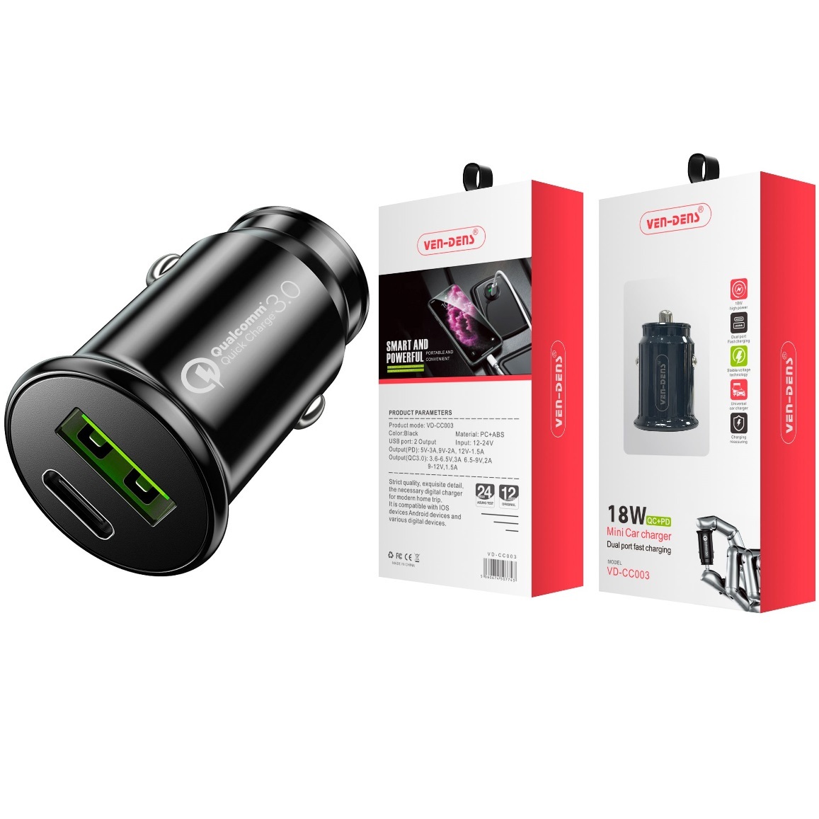 Ven-Dens 18W USB a Type C Mini Autonabíjačka - Čierna KP34852