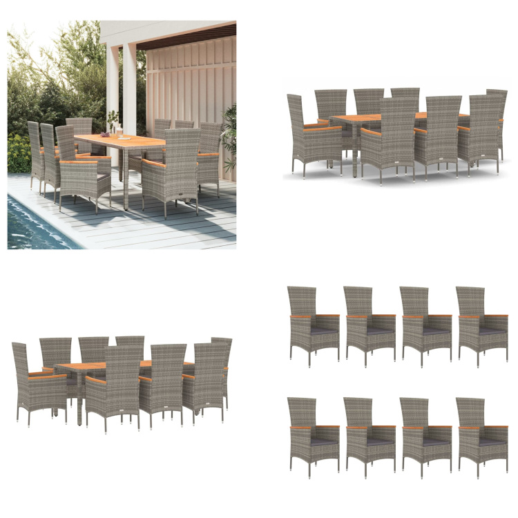 vidaXL 9 tlg. Garten Essgruppe mit Kissen Grau Poly Rattan - Garten Essgruppe - Garten Essgruppen - Essgruppe - Essgruppe Terrasse
