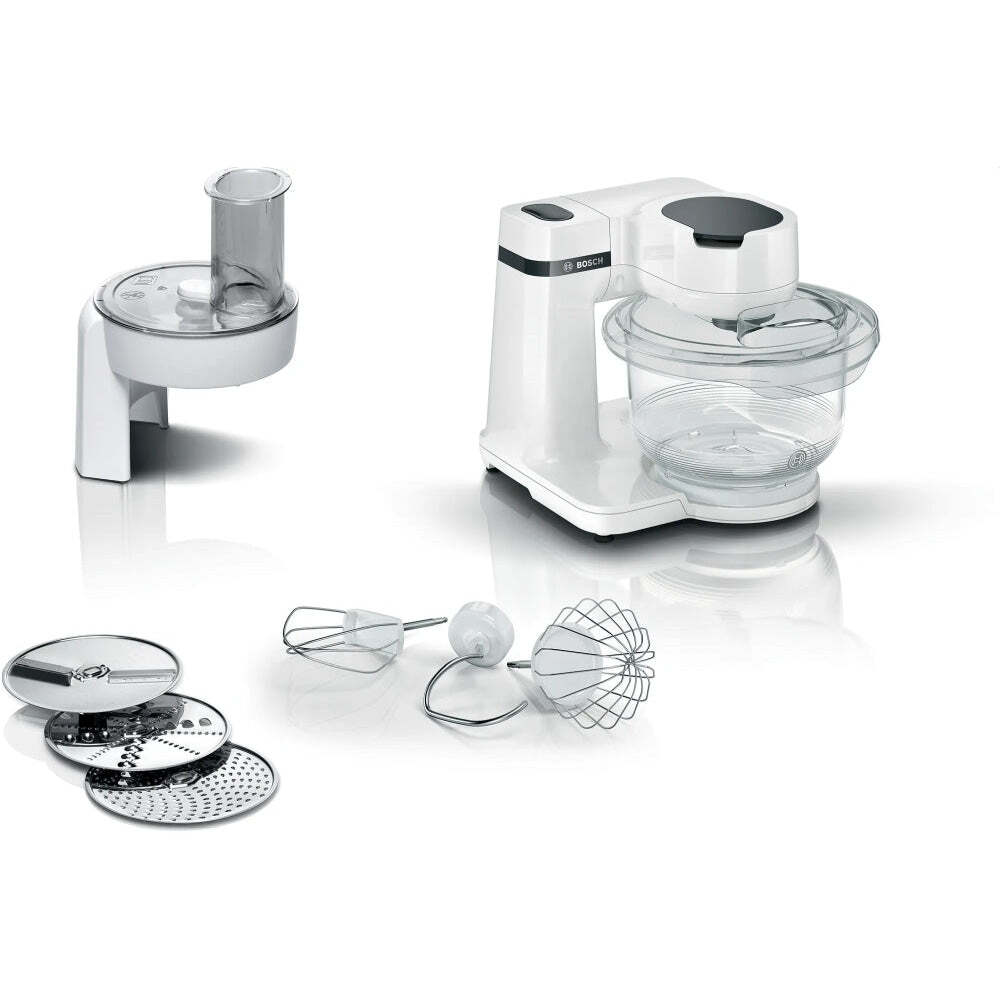 Kuchynský robot, Bosch MUMS2TW01, Kuchynský stroj, MUM Séria 2, 700 W, tritanová misa 3,8 l, 3D planetárne miešanie, 4 rýchlosti, Súprava na pečivo, 3 kotúče, biela