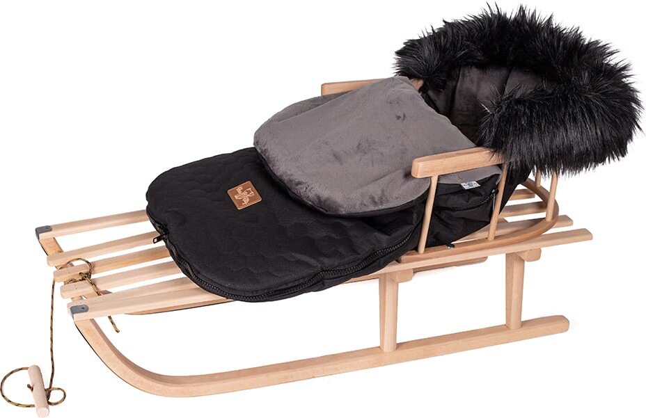 Goldkids Holzschlitten Kinderschlitten aus Buchenholz Rückenlehne inkl. Zugseil + Winterfußsack Schlittensack Fußsack mit Reißverschluss 48/90 cm Schlitten Metallkufen (schwarz)