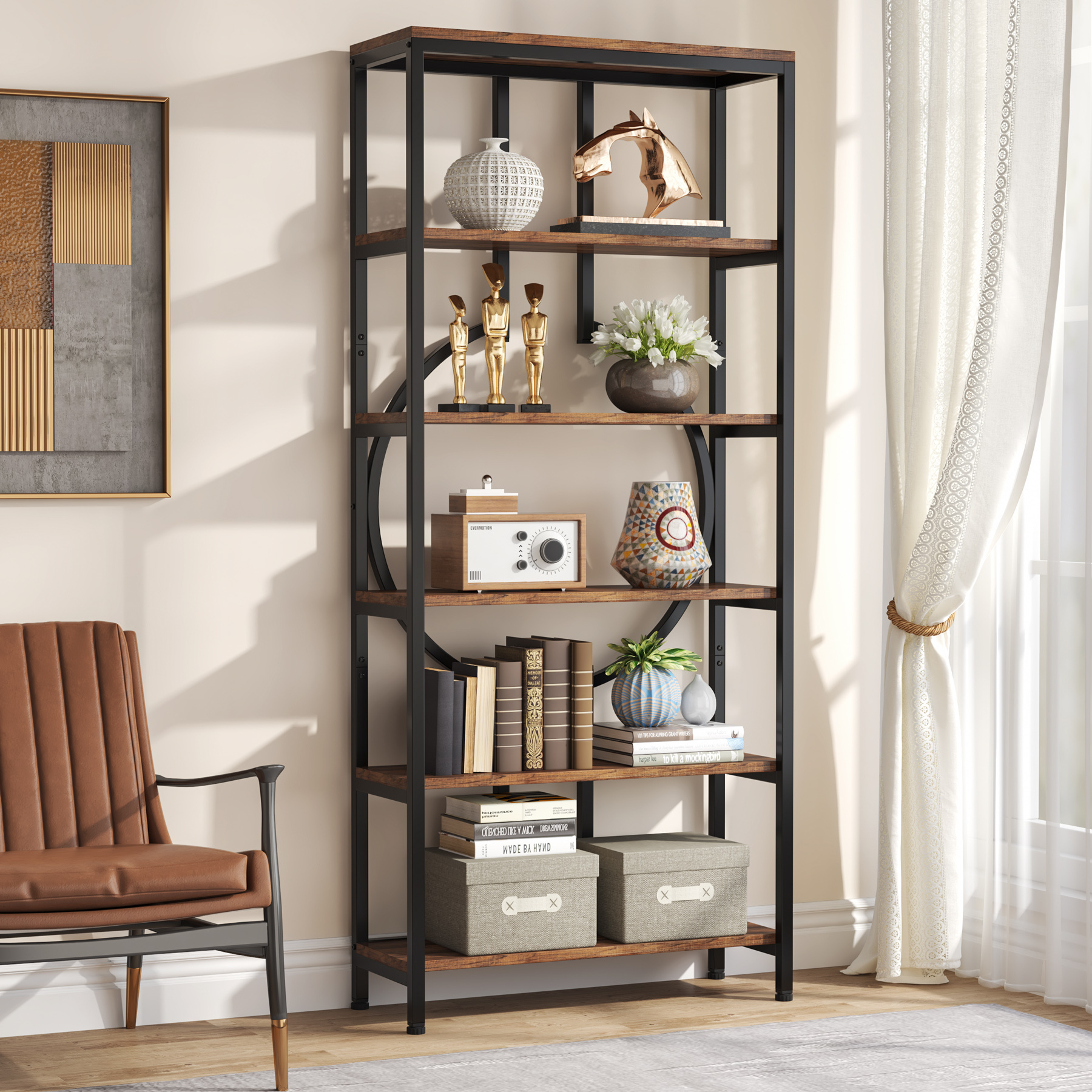 HCHQHS Schmales Bücherregal – 6-stöckig, Verstellbar, Industrie-Look, 178,9 Cm Hoch, Aus MDF & Metall