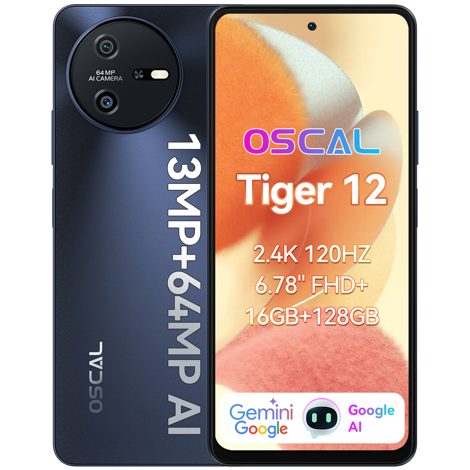 Blackview OSCAL Tiger 12 Android mobilný telefón bez zmluvy, 6,78" smartfón 8GB+128GB (rozšíriteľný), 64MP fotoaparát/5000 mAh/4G dual SIM/odtlačok prsta, sivá