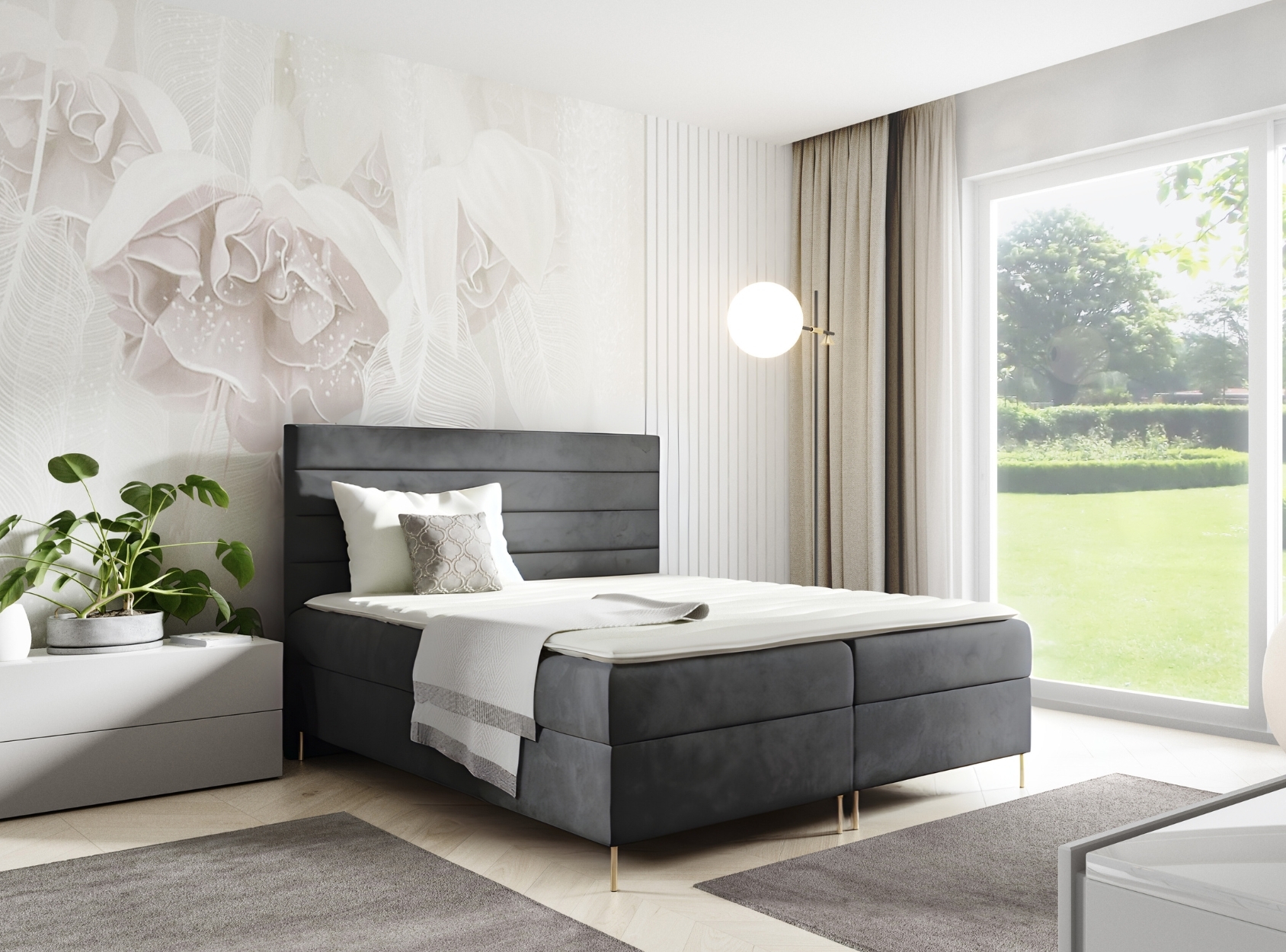 GUTTO Box Pružinová posteľ DAKOTA 180 x 200cm 2x Úložný box TOPPER 5cm Voľný sivý velúr Vysoké Zlaté Nožičky